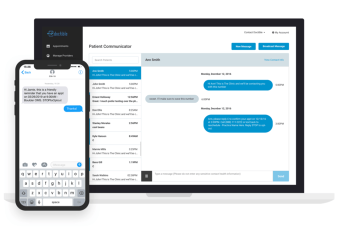 Shows Doctible Patient Communicator's dashboard with a message sent to a patient, along with a depiction of a cell phone demonstrating how the message will appear when it is received by the patient.